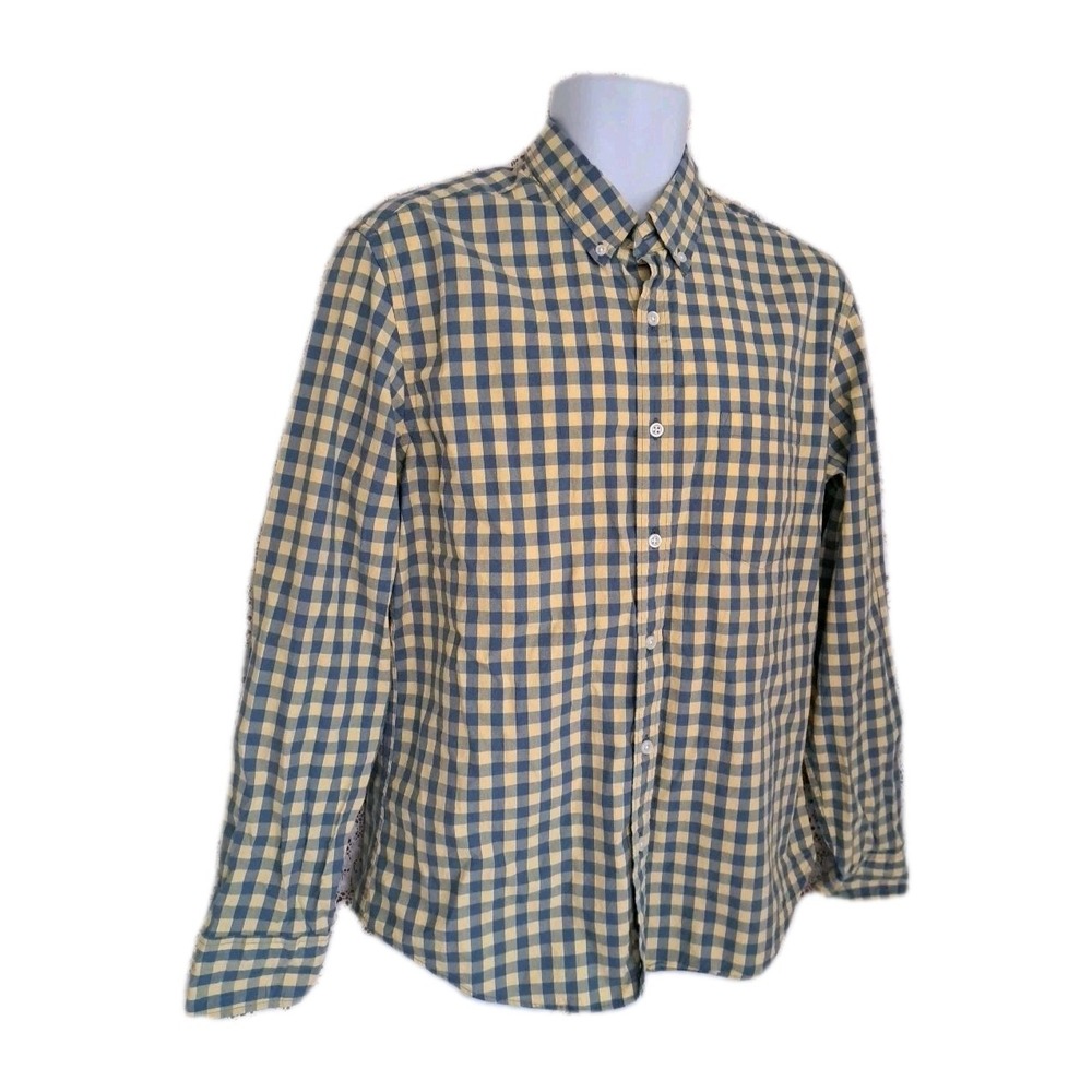 J Crew Shirt L Blue Yellow Check Long Sleeves Slim Untucked Flex Washed Casual